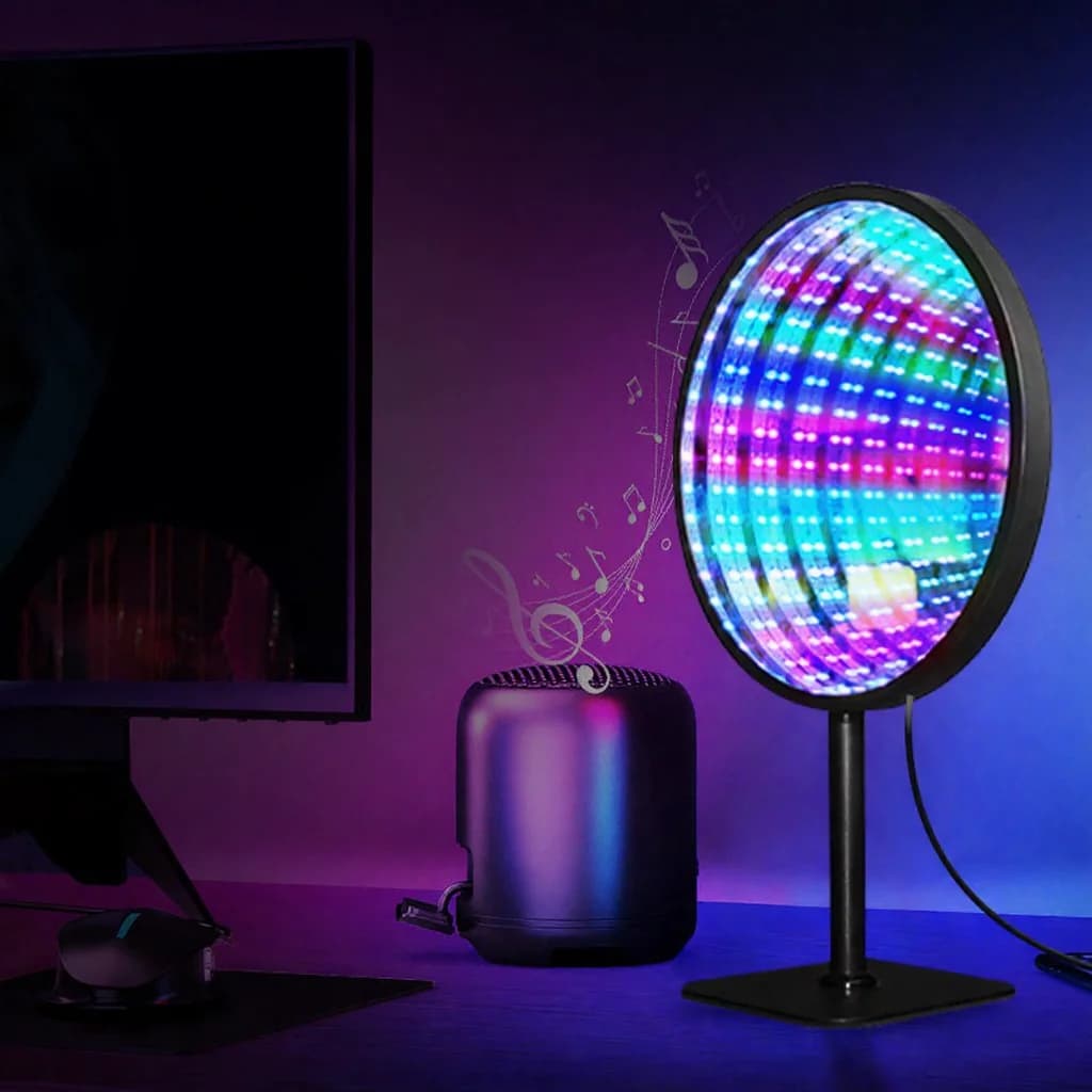 Apvalus akrilo begalybės veidrodis 3D bedugnės šviesa USB RGB lempa