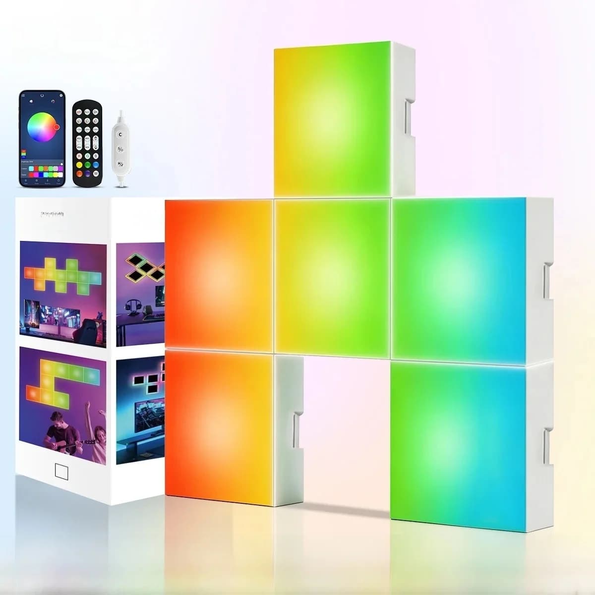 Kvadratiniai RGB muzikos sinchronizavimo šviesos skydeliai, montuojami ant sienos