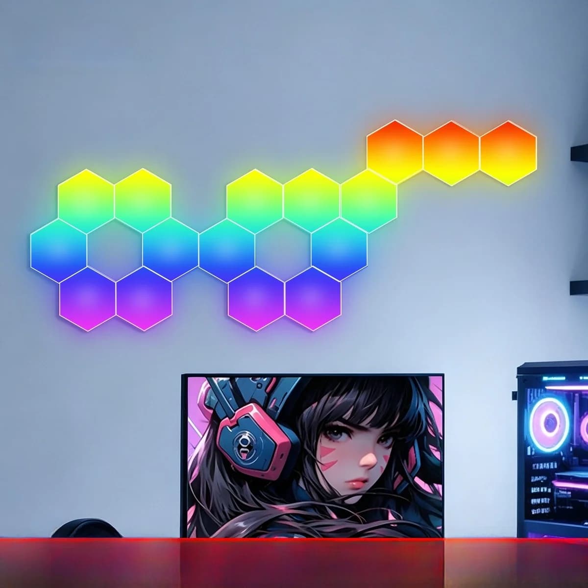 RGB šešiakampiai garsui jautrūs šviesos skydeliai su programėlės valdymu