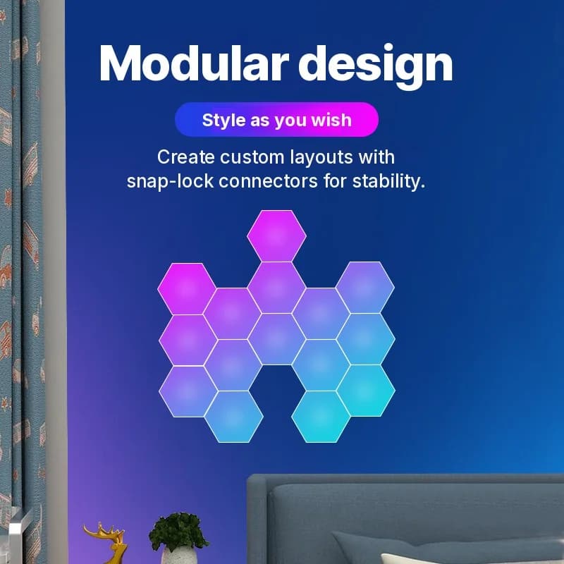 RGB šešiakampiai garsui jautrūs šviesos skydeliai su programėlės valdymu