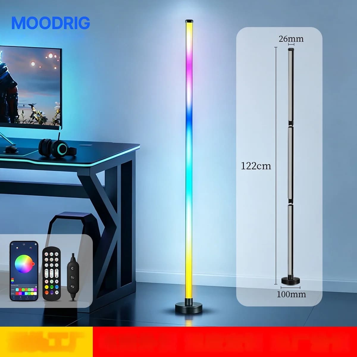 RGB LED kampinis grindų šviestuvas su muzikos sinchronizavimu, programėlės ir nuotolinio valdymo pulteliu
