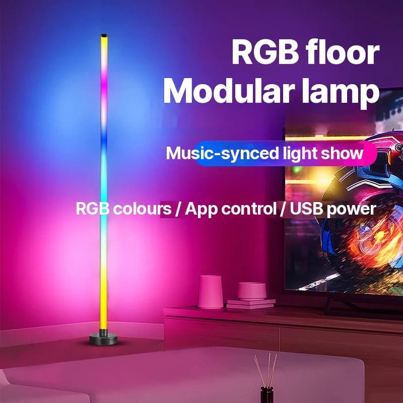 RGB LED kampinis grindų šviestuvas su muzikos sinchronizavimu, programėlės ir nuotolinio valdymo pulteliu