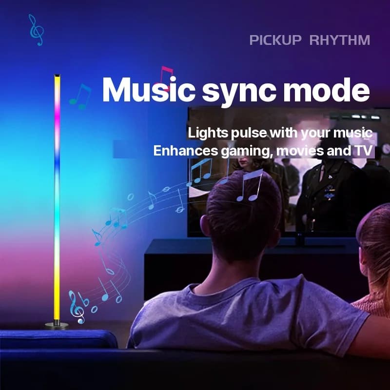RGB LED kampinis grindų šviestuvas su muzikos sinchronizavimu, programėlės ir nuotolinio valdymo pulteliu