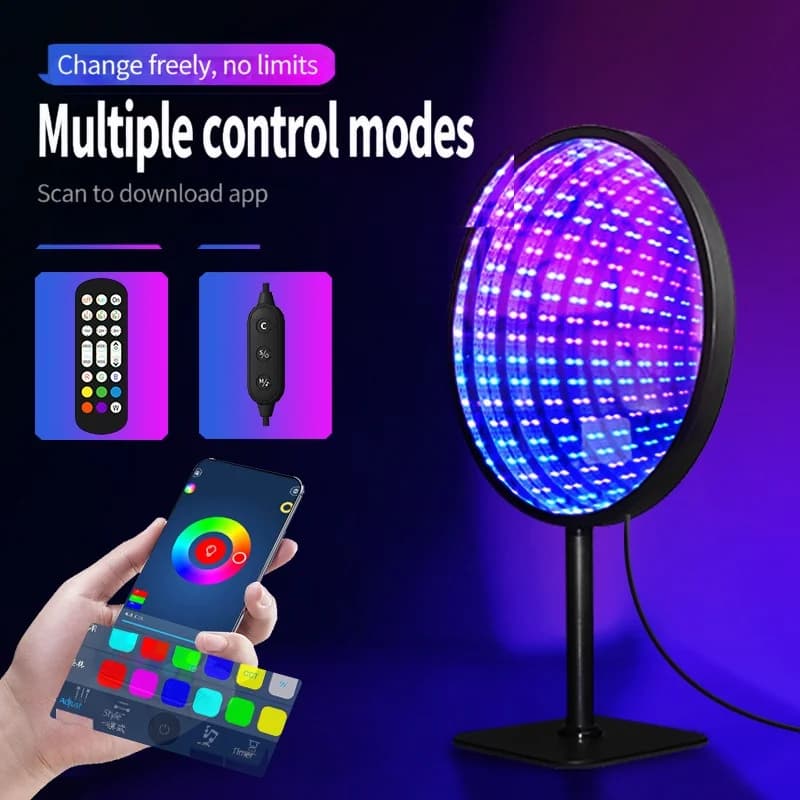 Apvalus akrilo begalybės veidrodis 3D bedugnės šviesa USB RGB lempa