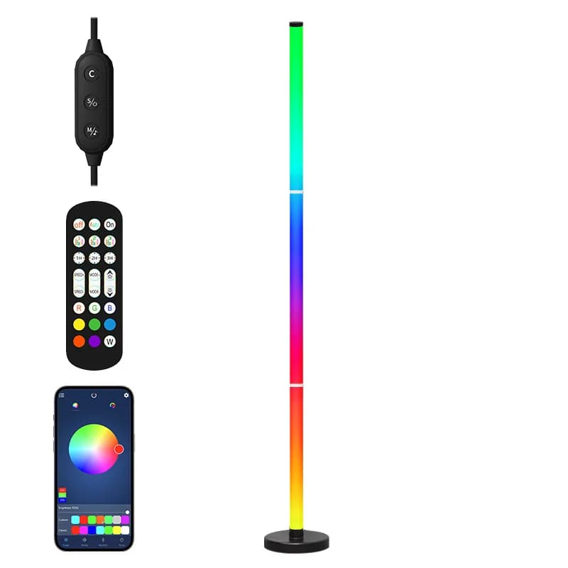 RGB LED kampinis grindų šviestuvas su muzikos sinchronizavimu, programėlės ir nuotolinio valdymo pulteliu